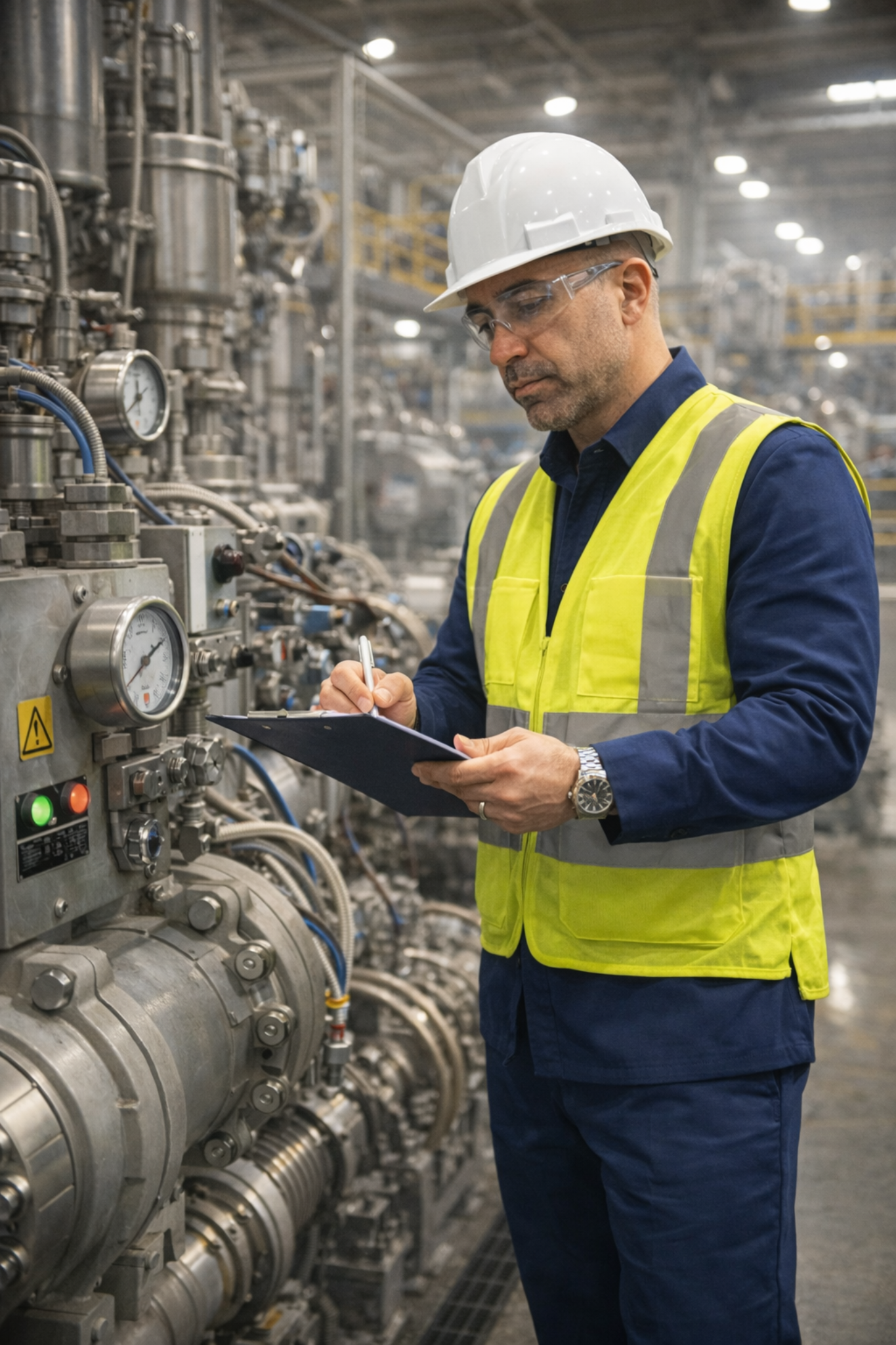 Daniel Ruiz inspecting industrial equipment in a processing facility