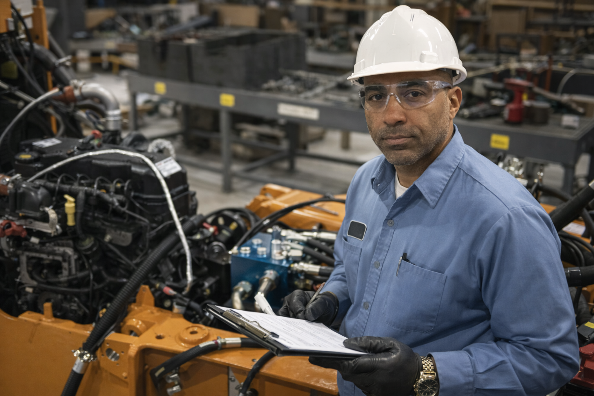 Daniel Ruiz conducting an engineering inspection beside hydraulic machinery
